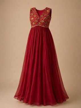 BURANSH Burgundy Sleeveless Embroidered Gown by Subhai Apparel
